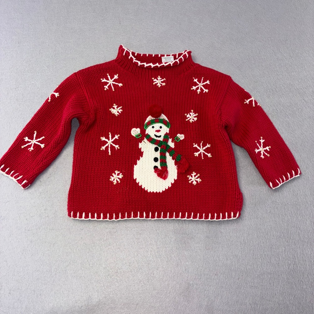 KRU Supplies Snowman Sweater Kids 12M Red Excellent Embroidered Knit Holiday